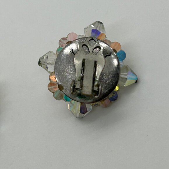 Vintage Aurora Borealis Earrings Crystal Flower Cluster Clip-On 1950-1960s - Picture 7 of 14